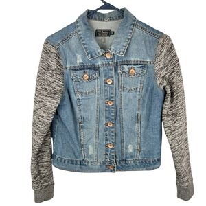 Ci Sono Essential Denim Jacket Gray Knit Sleeves Button Up Pockets Size Medium‎
